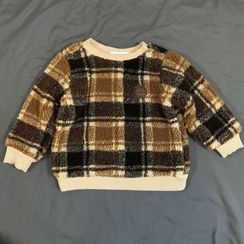 Timberland Kids 12M Brown Plaid Sherpa Fleece Sweatshirt and Pants‎ Set - Picture 3 of 7